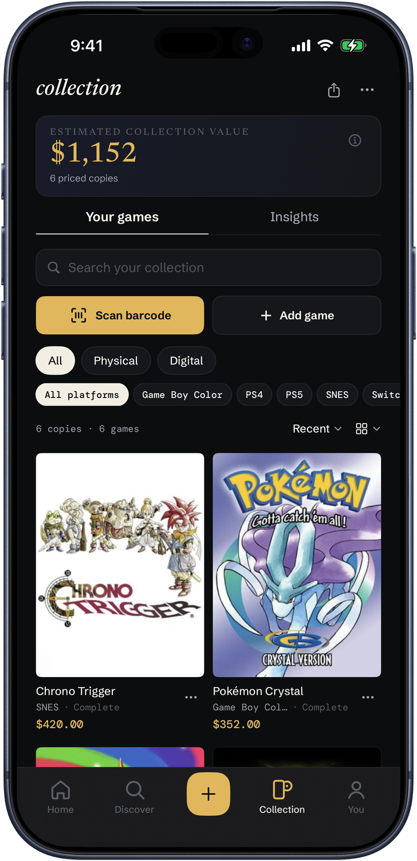 The Plynt Collection tab on an iPhone: a game collection valued by console, with the most valuable games ranked
