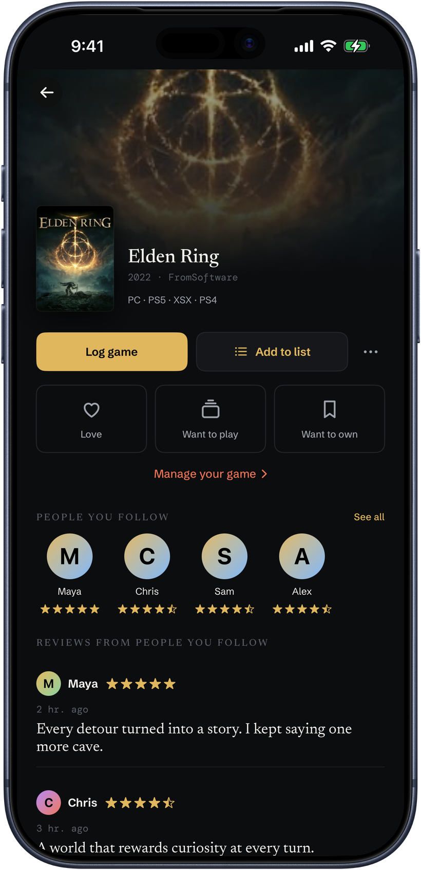 A game's page in Plynt on an iPhone with a five-star rating and a written review