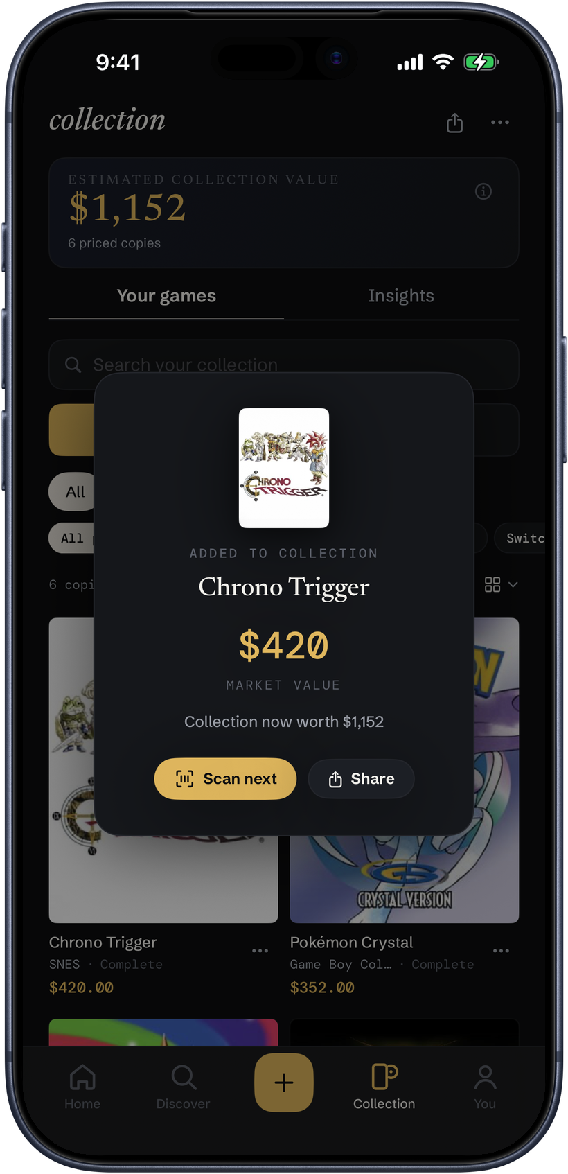 Plynt on an iPhone revealing the market value of a game just added to a collection